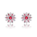 Wholesale Colorful Flower Stud Earrings with a gold plated finish and ruby red cubic zirconia stones from JuneJewelry.com – unique fashion jewelry for bulk orders.