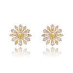 Wholesale Colorful Flower Stud Earrings with a gold plated finish and ruby red cubic zirconia stones from JuneJewelry.com – unique fashion jewelry for bulk orders.