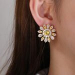 Wholesale Colorful Flower Stud Earrings with a gold plated finish and ruby red cubic zirconia stones from JuneJewelry.com – unique fashion jewelry for bulk orders.