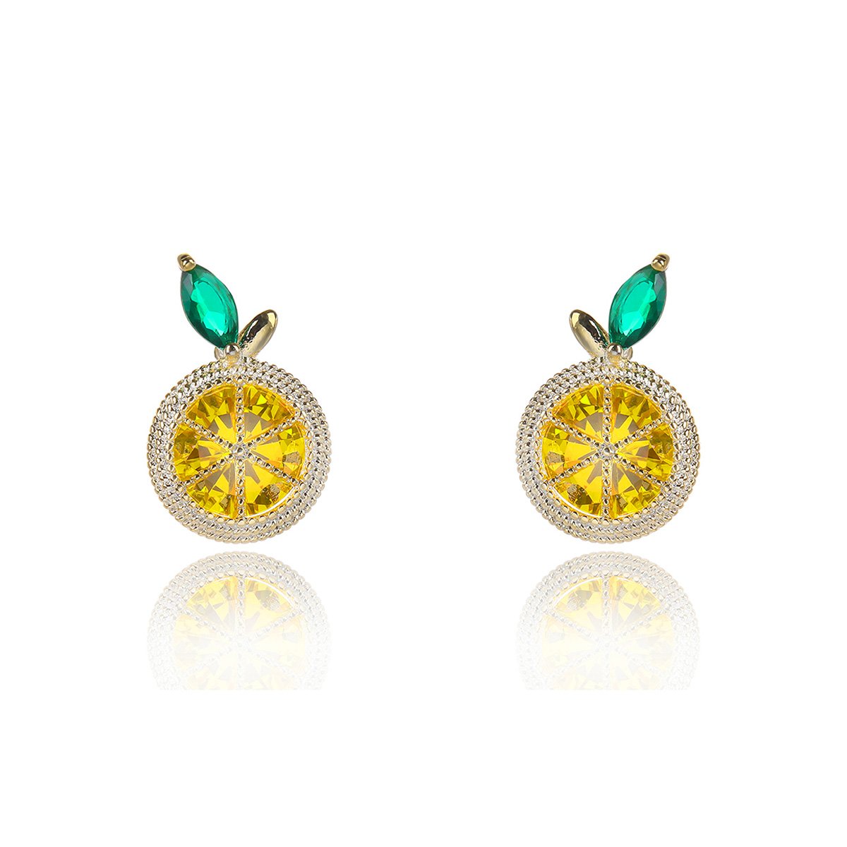 CE11996.44.A Wholesale lemon slice earrings with bright yellow and green zircon stones, a gold-plated copper base, and a 925 silver needle from JuneJewelry.com.