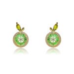 Wholesale lemon slice earrings with bright yellow and green zircon stones, a gold-plated copper base, and a 925 silver needle from JuneJewelry.com.
