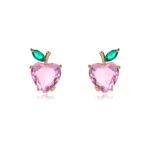 Wholesale Heart Stud Earrings with a gold plated finish and pink and green cubic zirconia stones from JuneJewelry.com – unique fashion jewelry for bulk orders.