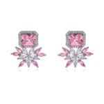 Wholesale pink gemstone earrings with a zircon flower on rhodium plated copper and 925 sterling silver pins from JuneJewelry.com – unique fashion jewelry for bulk orders.