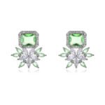 Wholesale pink gemstone earrings with a zircon flower on rhodium plated copper and 925 sterling silver pins from JuneJewelry.com – unique fashion jewelry for bulk orders.