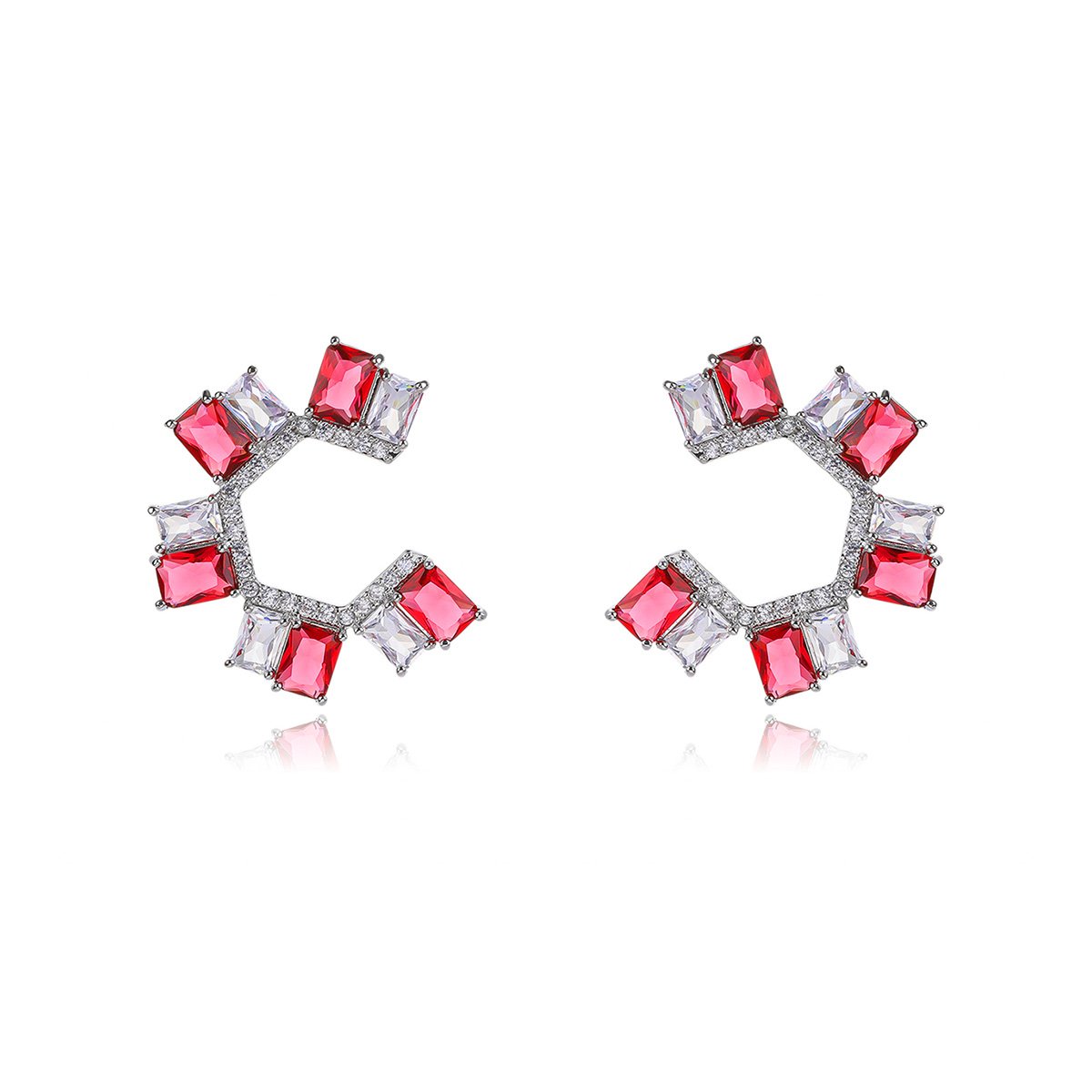 CE12036.112.A Wholesale gemstone and clear zircon C-hoop earrings on gold plated brass with 925 sterling silver pins from JuneJewelry.com – modern fashion jewelry for bulk orders.