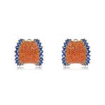 Wholesale Colorful Statement Earrings with a gold plated finish and orange and blue cubic zirconia stones from JuneJewelry.com – unique fashion jewelry for bulk orders.
