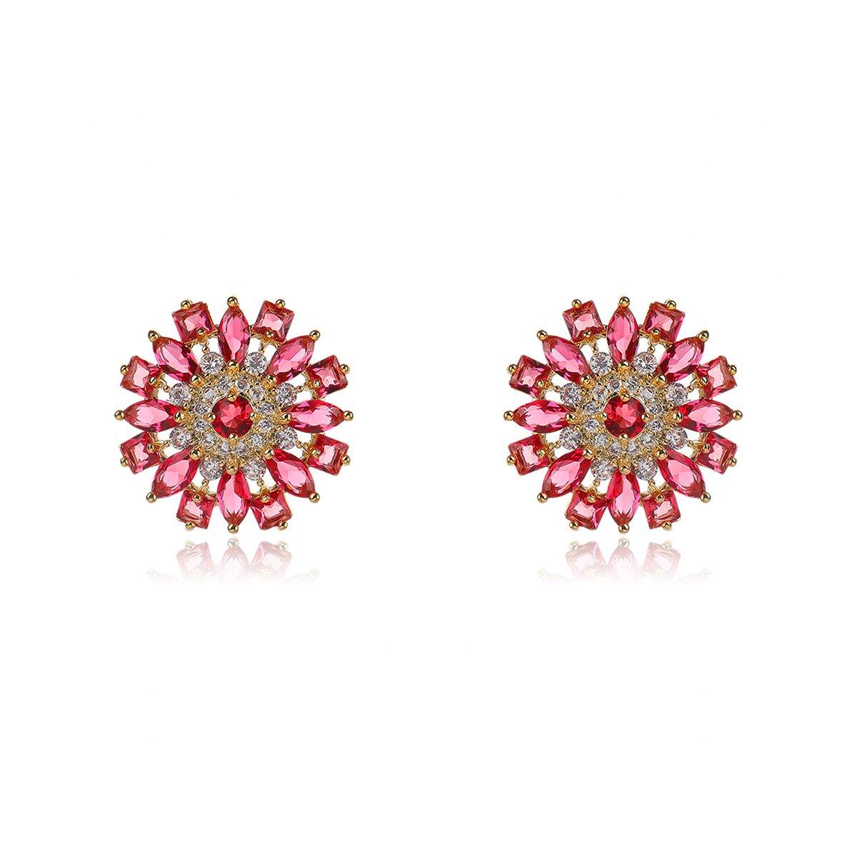 CE12058.121.A Wholesale Red flower earrings with a zircon cluster on gold plated copper and 925 sterling silver pins from JuneJewelry.com – unique floral jewelry for bulk orders.