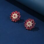 Wholesale Red flower earrings with a zircon cluster on gold plated copper and 925 sterling silver pins from JuneJewelry.com – unique floral jewelry for bulk orders.