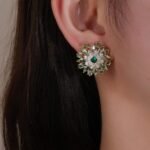 Wholesale Red flower earrings with a zircon cluster on gold plated copper and 925 sterling silver pins from JuneJewelry.com – unique floral jewelry for bulk orders.