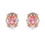Wholesale pink gemstone earrings with a gold plated setting and zircon cluster on 925 sterling silver pins from JuneJewelry.com – unique fashion jewelry for bulk orders.