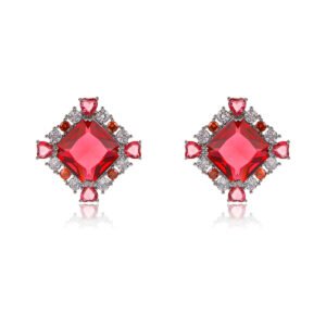 Wholesale ruby red gemstone stud earrings with a zircon cluster on rhodium plated copper and 925 sterling silver pins from JuneJewelry.com – elegant fashion jewelry for bulk orders.