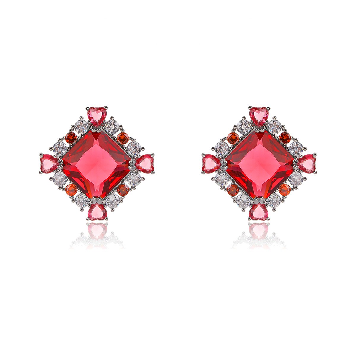 CE12065.105.A Wholesale ruby red gemstone stud earrings with a zircon cluster on rhodium plated copper and 925 sterling silver pins from JuneJewelry.com – elegant fashion jewelry for bulk orders.