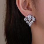 Wholesale Cubic Zirconia Stud Earrings with a central pear-shaped stone and silver plating from JuneJewelry.com – elegant and unique jewelry for bulk orders.