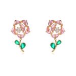 Wholesale Dangle Flower Stud Earrings with a gold plated finish and pink and green cubic zirconia stones from JuneJewelry.com – unique fashion jewelry for bulk orders.