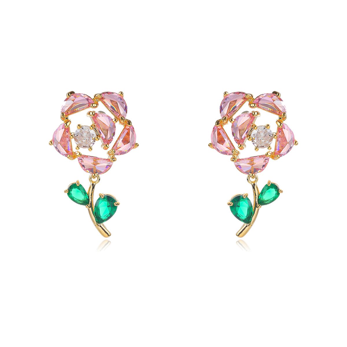 CE12072.138.A Wholesale Dangle Flower Stud Earrings with a gold plated finish and pink and green cubic zirconia stones from JuneJewelry.com – unique fashion jewelry for bulk orders.