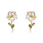 Wholesale Dangle Flower Stud Earrings with a gold plated finish and pink and green cubic zirconia stones from JuneJewelry.com – unique fashion jewelry for bulk orders.