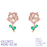 Wholesale Dangle Flower Stud Earrings with a gold plated finish and pink and green cubic zirconia stones from JuneJewelry.com – unique fashion jewelry for bulk orders.