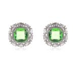 Wholesale pink gemstone stud earrings with a zircon halo on rhodium plated copper and 925 sterling silver pins from JuneJewelry.com – elegant fashion jewelry for bulk orders.