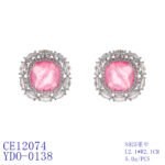 Wholesale pink gemstone stud earrings with a zircon halo on rhodium plated copper and 925 sterling silver pins from JuneJewelry.com – elegant fashion jewelry for bulk orders.