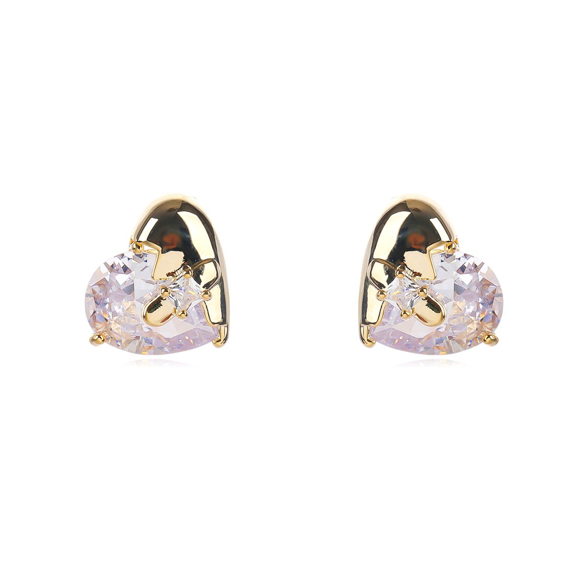 CE12075.85.A Wholesale heart stud earrings with a clear zircon stone on gold plated copper and 925 sterling silver pins from JuneJewelry.com – romantic fashion jewelry for bulk orders.