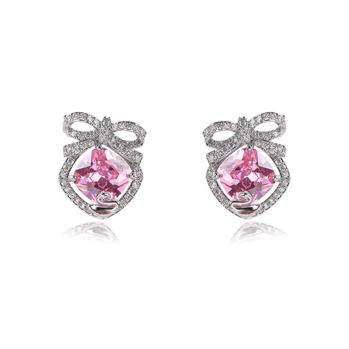 CE12109.116.A Wholesale pink zircon bow earrings with a central pink stone and cubic zirconia accents, platinum plated on a copper base with a 925 silver needle, from JuneJewelry.com.