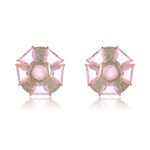 Wholesale pink gemstone stud earrings with a geometric flower design on gold plated copper and 925 sterling silver pins from JuneJewelry.com – unique fashion jewelry for bulk orders.