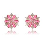 Wholesale Pink Flower Stud Earrings with a gold plated finish and pink and clear cubic zirconia stones from JuneJewelry.com – unique fashion jewelry for bulk orders.