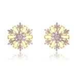 Wholesale Pink Flower Stud Earrings with a gold plated finish and pink and clear cubic zirconia stones from JuneJewelry.com – unique fashion jewelry for bulk orders.