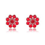 Wholesale Red Flower Stud Earrings with a gold plated finish and ruby red cubic zirconia stones from JuneJewelry.com – unique fashion jewelry for bulk orders.