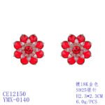 Wholesale Red Flower Stud Earrings with a gold plated finish and ruby red cubic zirconia stones from JuneJewelry.com – unique fashion jewelry for bulk orders.