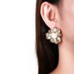 Wholesale Enamel Flower Stud Earrings with a gold plated finish and cubic zirconia stones from JuneJewelry.com – unique fashion jewelry for bulk orders.