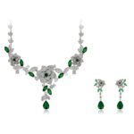 Wholesale floral zircon jewelry set, platinum plated on copper, featuring an intricate flower and leaf necklace with matching earrings from JuneJewelry.com – elegant bridal and special occasion jewelry.