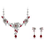 Wholesale floral zircon jewelry set, platinum plated on copper, featuring an intricate flower and leaf necklace with matching earrings from JuneJewelry.com – elegant bridal and special occasion jewelry.