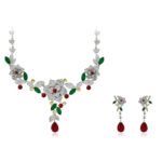 Wholesale floral zircon jewelry set, platinum plated on copper, featuring an intricate flower and leaf necklace with matching earrings from JuneJewelry.com – elegant bridal and special occasion jewelry.