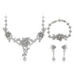 Wholesale floral zircon jewelry set including necklace, bracelet, and earrings, platinum plated on copper, with detailed flower and leaf design from JuneJewelry.com – perfect for bridal collections and special events.