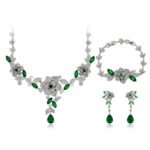 Wholesale floral zircon jewelry set including necklace, bracelet, and earrings, platinum plated on copper, with detailed flower and leaf design from JuneJewelry.com – perfect for bridal collections and special events.