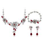 Wholesale floral zircon jewelry set including necklace, bracelet, and earrings, platinum plated on copper, with detailed flower and leaf design from JuneJewelry.com – perfect for bridal collections and special events.