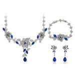 Wholesale floral zircon jewelry set including necklace, bracelet, and earrings, platinum plated on copper, with detailed flower and leaf design from JuneJewelry.com – perfect for bridal collections and special events.