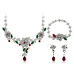 Wholesale floral zircon jewelry set including necklace, bracelet, and earrings, platinum plated on copper, with detailed flower and leaf design from JuneJewelry.com – perfect for bridal collections and special events.