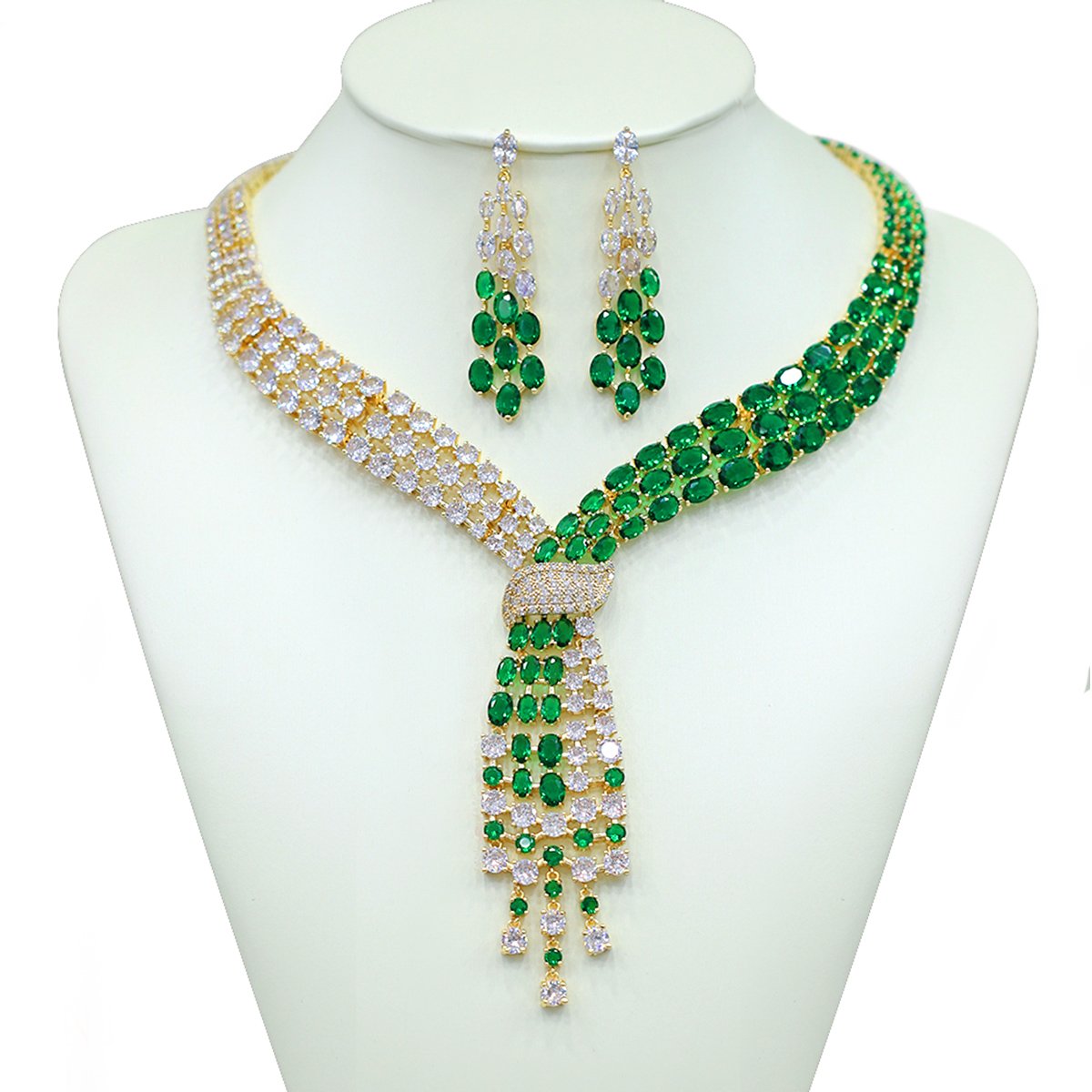 CN10164A.770.B Wholesale tassel zircon necklace set with knot design and matching earrings, platinum plated on copper, from JuneJewelry.com – glamorous and unique fashion jewelry for bulk buyers.