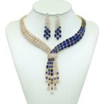 Wholesale tassel zircon necklace set with knot design and matching earrings, platinum plated on copper, from JuneJewelry.com – glamorous and unique fashion jewelry for bulk buyers.