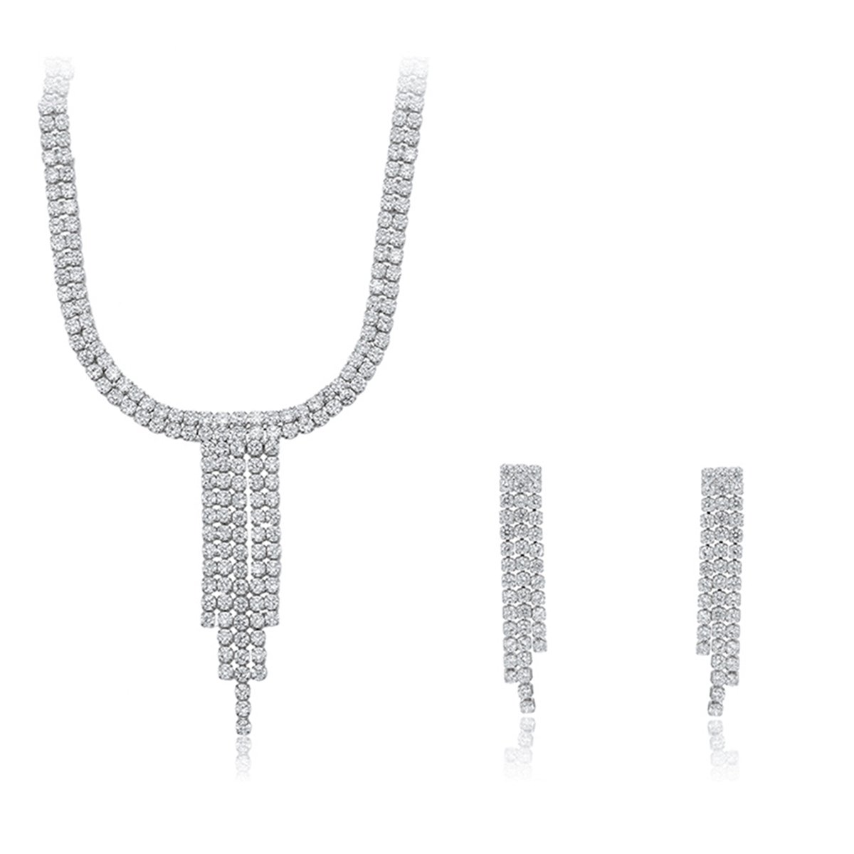 CN10342.207.A Wholesale cubic zirconia set with platinum plated brass. Fringe necklace and drop earrings for formal wear.