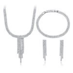 Wholesale cubic zirconia set with platinum plated brass. Fringe necklace, tennis bracelet, and drop earrings for formal wear.