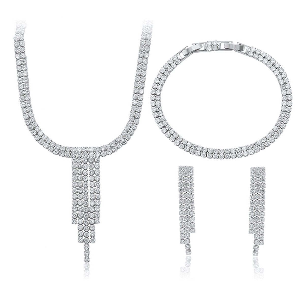 CN10342A.279.A Wholesale cubic zirconia set with platinum plated brass. Fringe necklace, tennis bracelet, and drop earrings for formal wear.