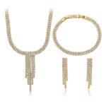 Wholesale cubic zirconia set with platinum plated brass. Fringe necklace, tennis bracelet, and drop earrings for formal wear.