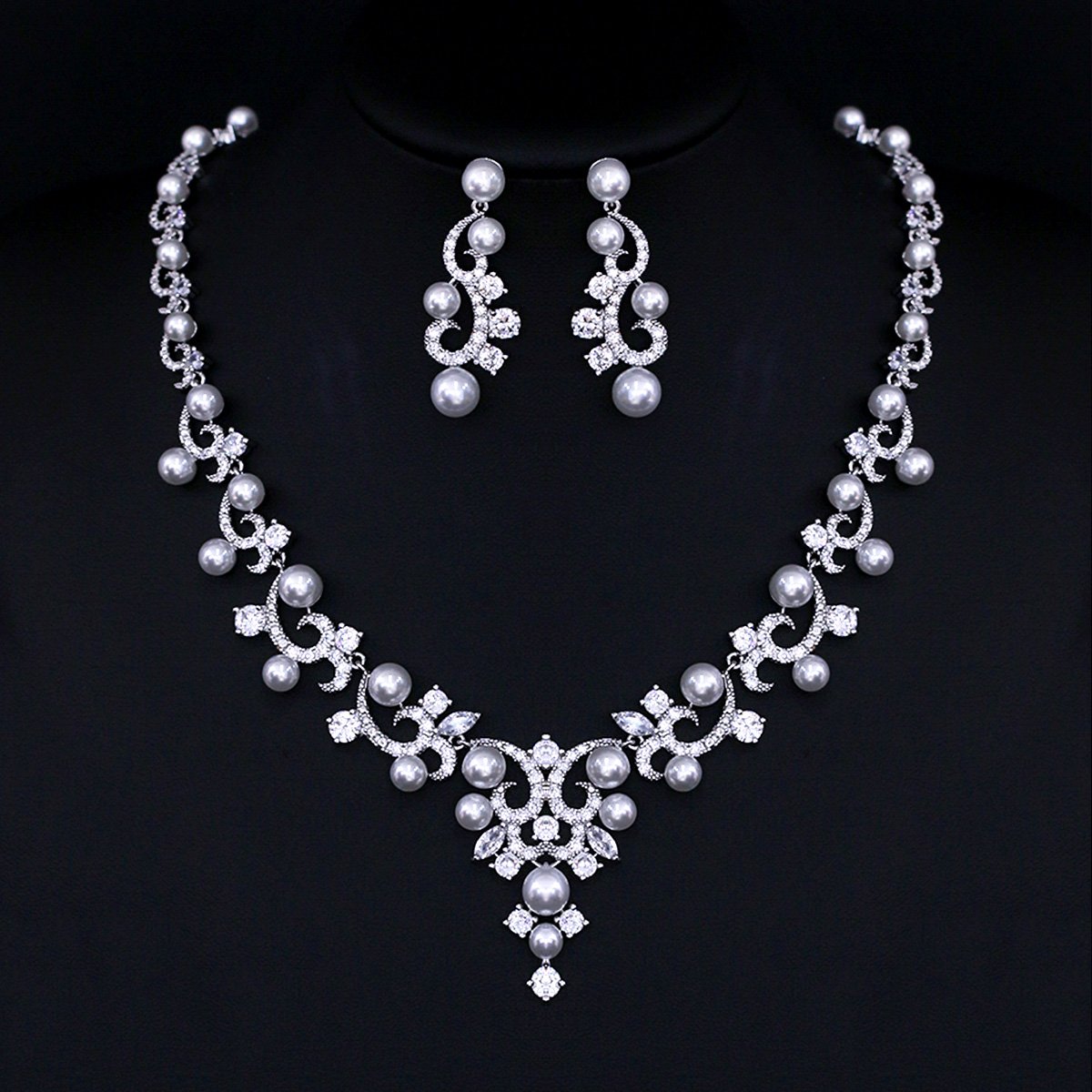 CN10370.396.A Wholesale pearl scrollwork necklace and earring set with platinum plating from JuneJewelry.com – elegant copper bridal fashion jewelry for bulk orders.