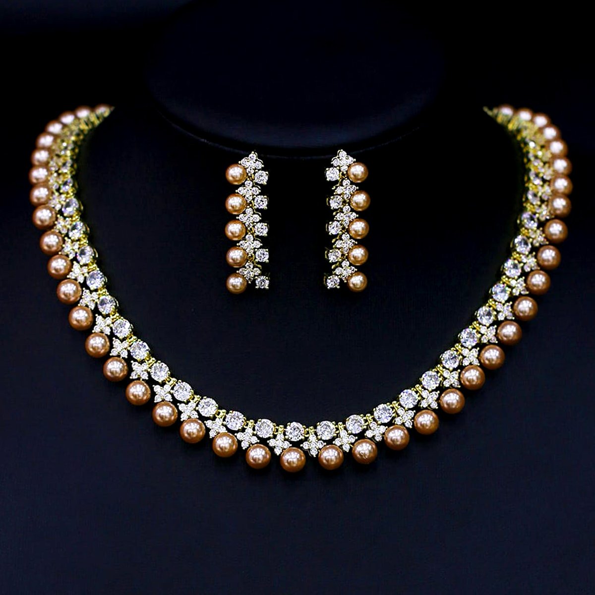 CN10451.605.A Wholesale golden pearl and stone cluster necklace and earring set with platinum plating from JuneJewelry.com – luxurious copper fashion jewelry for bulk orders.