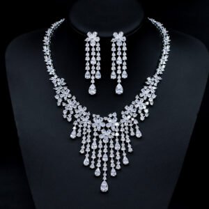 Wholesale floral chandelier necklace and earring set with platinum plating from JuneJewelry.com – dramatic copper fashion jewelry for bulk orders.