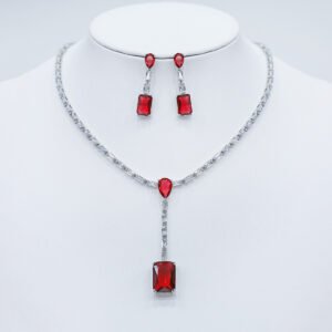 Wholesale baguette Y-drop necklace and earring set with platinum plating from JuneJewelry.com – modern copper fashion jewelry for bulk orders.