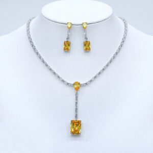 Wholesale baguette Y-drop necklace and earring set with platinum plating from JuneJewelry.com – modern copper fashion jewelry for bulk orders.